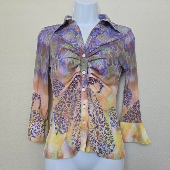 Paris IQ Vintage Y2K 2000s Mesh Bohemian Button Shirt Euro Rave - Picture 1 of 8